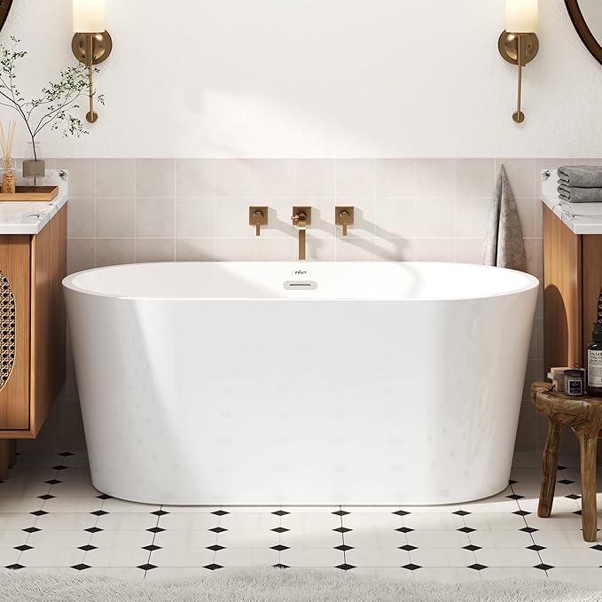 FerdY Luzon 55" Acrylic Freestanding Bathtub, Classic Oval Shape Soaking Bathtub with Toe-Tap Chrome Drain and Classic Slotted Overflow Included, Modern White, cUPC Certified