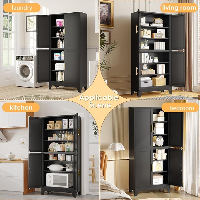 75" Tall Metal Kitchen Pantry Storage Cabinet, Freestanding Cupboard with 4 Doors and 4 Adjustable Shelves, Standing Storage for Kitchen, Bathroom, Garage, Dinning Room or Utility Room（Black）