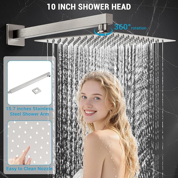 Rain Shower Faucet Set Wall Mounted Rainfall with Tub Spout Shower Head System Rough-in Valve Body and Trim Included Brush Nickel (10 Inches)