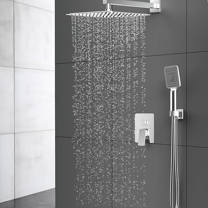 Shower System Modern Rain Brass Faucet Set With Valve and Diverter Shower Mixer With Handheld High Pressure Square Rainfall Shower Valve (12'' Wall Mount, Chrome Polished)