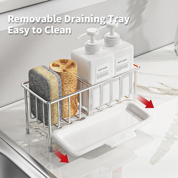 Kitchen Sink Sponge Holder, 304 Stainless Steel Soap Dispenser Caddy Organize, Kitchen Sink Brush Caddy Holder with Removable Drain Tray