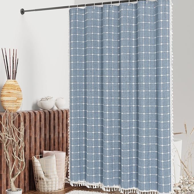 MitoVilla Blue Boho Extra Long Shower Curtain 72 x 84, Modern Farmhouse 84 inch XL Polyester Linen Texture Tassel Fabric Shower Curtain Set with Hooks for Cottagecore Country Bathroom Decor