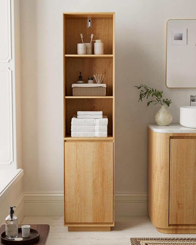 67" Tall Bathroom Storage Cabinet with Door & Adjustable Shelves Modern Narrow Tower Cabinet Slim Freestanding Tower Organizer for Small Spaces, Kitchen, Living Room, Natural Oak