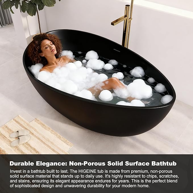 63" Premium Solid Surface Freestanding Bathtub, Contemporary Design Stand Alone Stone Resin Tub with Overflow and Pop-up Drain, Matte Black
