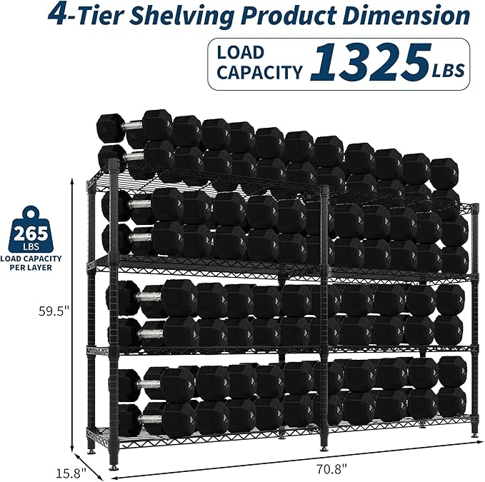 4-Tier Metal Storage Shelves, Adjustable Wire Shelving Unit for Garage, Pantry, Basement & Kitchen, Easy Assembly, 70.8" w x 15.8" d x 59.5" h, 265 Lbs Per Tier