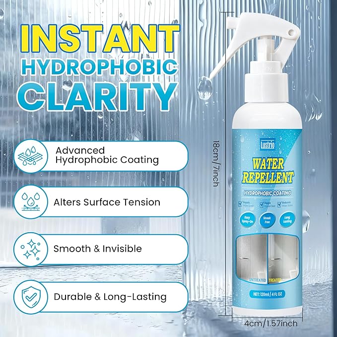 Glass Water Repellent and Rain Repellent Spray, Hydrophobic Coating for Car Windshield, Auto Glass, House Windows, Mirrors, Long-Lasting Waterproof Protection 4oz/120ml