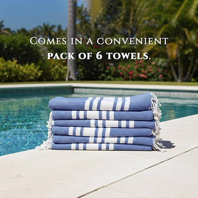 Turkish Cotton Beach Towel Pack of 6 & 1 Boho Tote Bag - Hammam Towels - No Shrink - Quick Dry - Lightweight - Sand Free - Camping - Pool - Tanning - Beach Essentials - Dark Blue (40"x70")