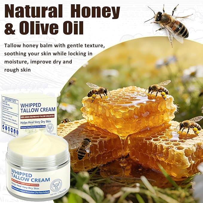 Beef Tallow for Skin, Natural Beef Tallow for Face, 100% Organic Grass Fed Finished Whipped Tallow and Honey Balm, Tallow Cream for Skin Care, Tallow Face Moisturizer Body Lotion