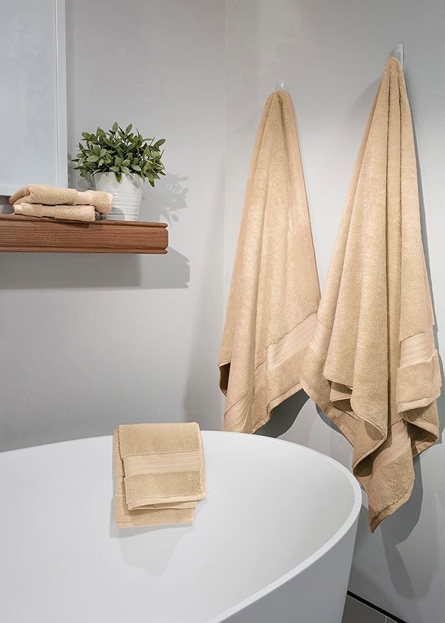 Fabdreams 100% Organic Cotton Bath Towel Set of 6 700 GSM Hotel Premium Plush Absorbent Soft Durable Skin-Friendly Spa Quality Bathroom Comfort with 2 Bath 2 Hand Towels and 2 Wash Cloths Dune Tan