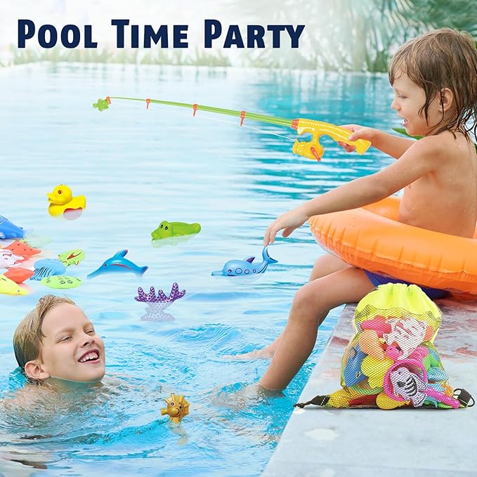 CozyBomB™ Magnetic Fishing Toys Game Set for Kids | Water Table Bathtub Kiddie Pool Party Pole Rod Net, Outdoor Plastic Floating Fish, Toddler Bath Color Ocean Sea Animals Birthday Gift Age 3-5 6 4-8