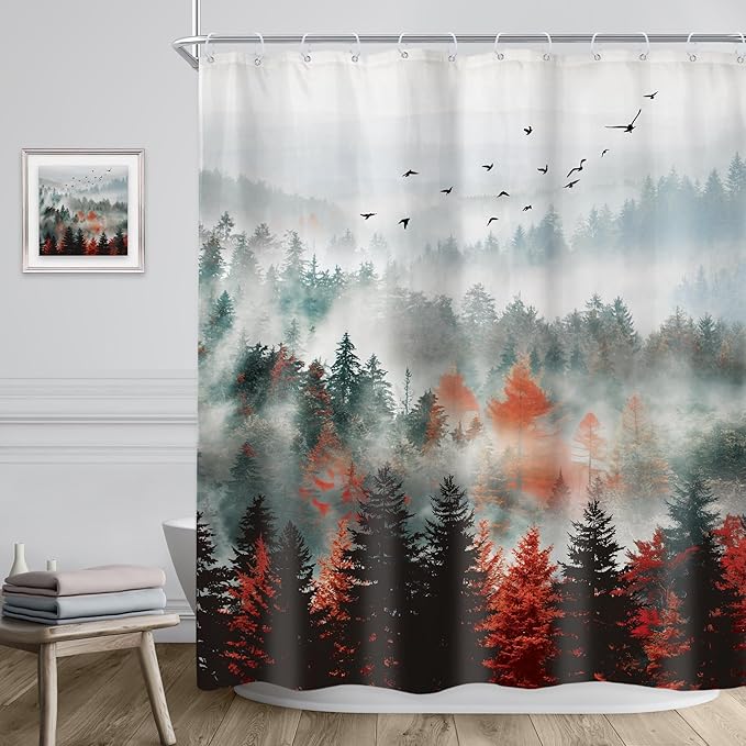 Riyidecor Red Green Mountain Shower Curtain 60Wx72H Inch Black Nature Woodland Scenery Foggy Misty Scenic Landscape Woods Rustic Dark Natural Bathroom Decor Fabric Polyester Waterproof 12 Pack Hooks