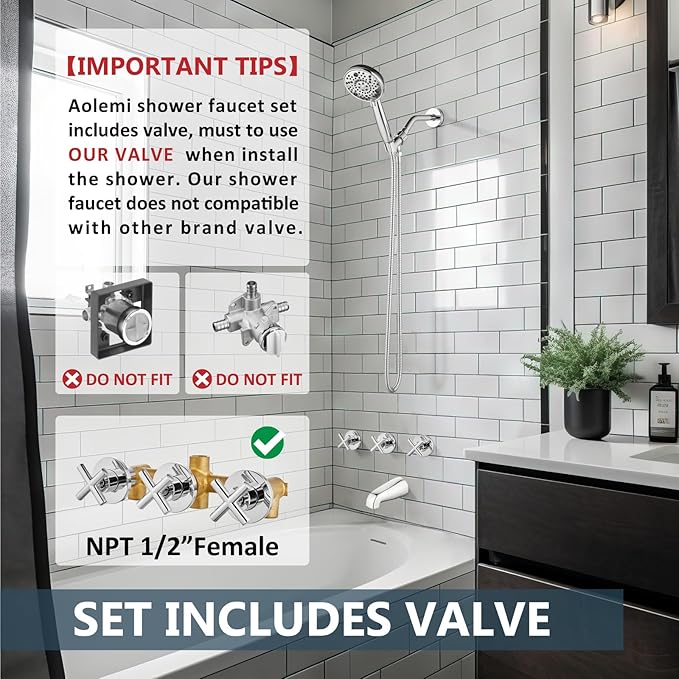Aolemi 3 Handles Tub Shower Faucet Set with Valve Bathtub Combo Set Shower System Complete Trim Kit Wall Mounted Polish Chrome