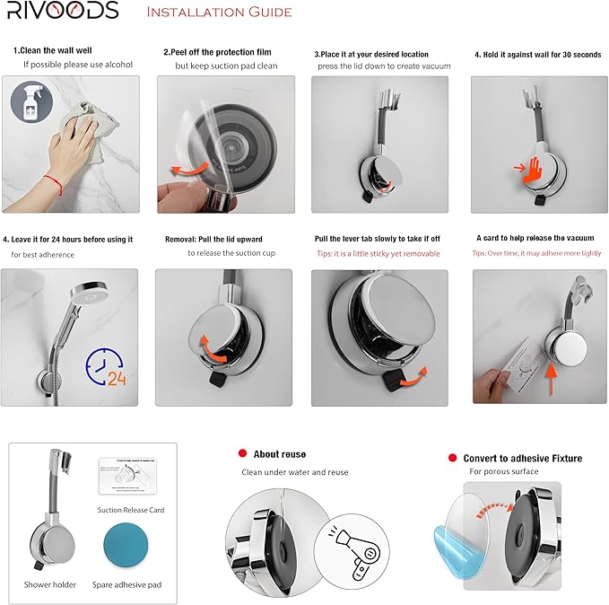 Suction Cup Handheld Shower Head Holder - Reusable - 360 Swivel Adjustable - Wall Mount Shower Wand Holder