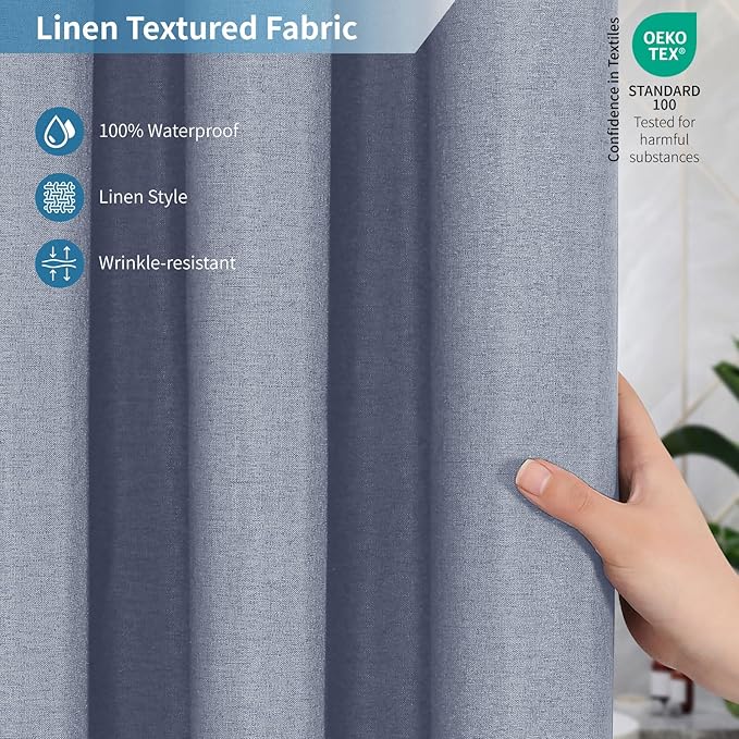 2-in-1 Waterproof Long Fabric Shower Curtain or Liner,Linen Textured,78 Inch Breathable TPU & Washable Bathroom Shower Curtain Set with 12 Plastic Hooks,Modern,72"x78" Blue Gray