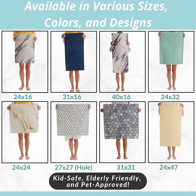 ENKOSI Loofah Non-Slip Shower and Bath Mat - Soft Cushioned Comfort - No Suction Cups for Smooth or Textured Tubs - Fast Draining - Safety for Bathroom, Family, Kids, and Elderly (24x16 Pebble Blue)