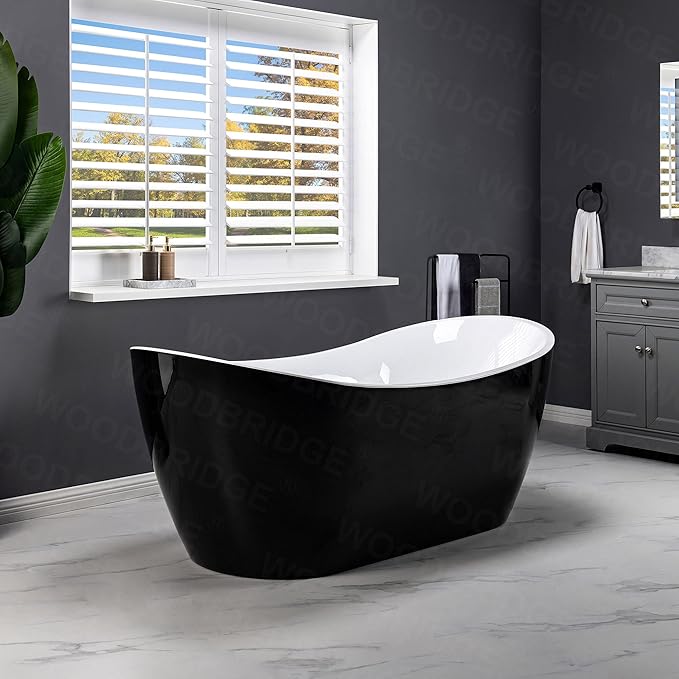 WOODBRIDGE 71" Acrylic Freestanding Bathtub Contemporary Soaking Black Tub with Matte Black Overflow and Drain,Black,B1817-MB