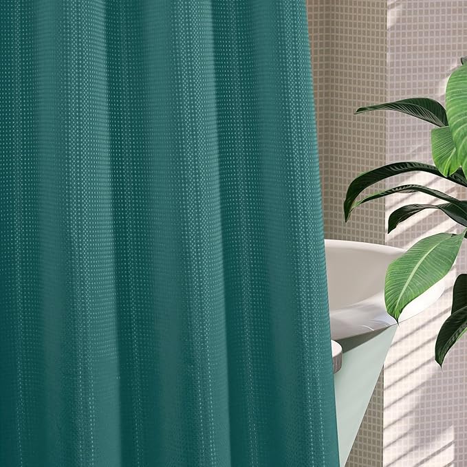 MitoVilla Dark Green Waffle Small Stall Shower Curtain Liner Set 36 x 74, No Hooks Required Half Size Narrow Fabric Cloth Shower Curtain Set with Snap-in Liner for Modern Bathroom Decor, Seaweed Green