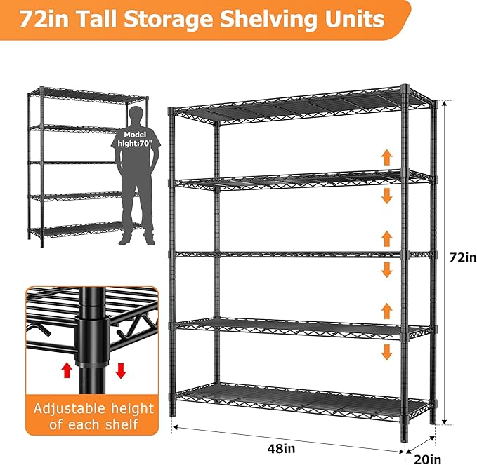 Storage Shelves Heavy Duty, 4 PCS 48" L x 20" W x 72" H Garage Wire Shelving Unit Loads 2000LBS, 5-Tier Adjustable Metal Industrial Utility Shelf Rack for Kitchen, Laundry Room, Warehouse, Basement