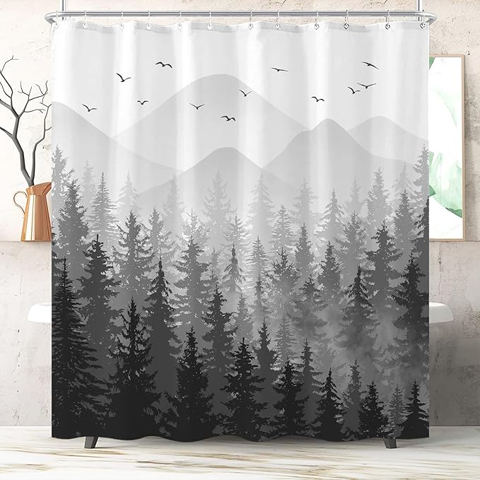 Aipon Black Misty Forest Shower Curtain Gray Ombre Nature Tree Plants Shower Curtains Fabric Waterproof Mountain Shower Curtain Sets for Bathroom Bath Decor with 12 Hooks (Black, 72'' × 72'')