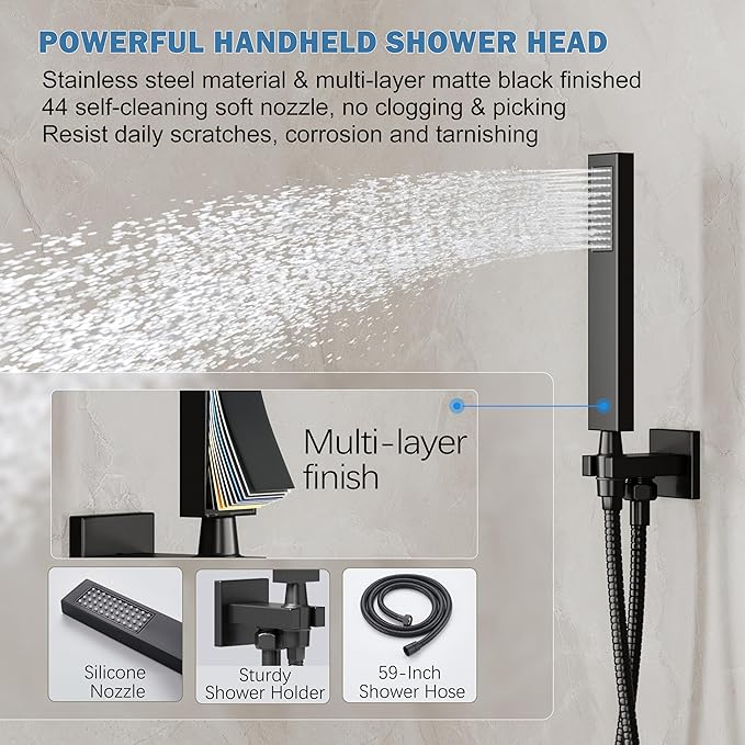Shower System, Black Shower Faucet Set with 12-Inch Rain Showerhead and Handheld Spray, Wall Mounted High-Pressure Showerhead Combo Set Included Valve and Trim, Matte Black