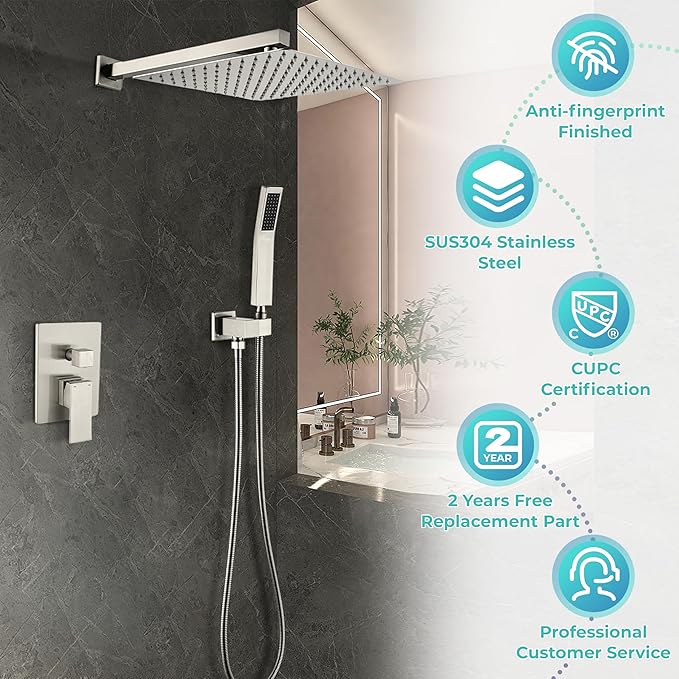 WELLFOR Wall Mounted Shower Faucet Set, Bathroom Showers Faucets, Shower System With 10" Square Rain Shower Head and Handheld, 2.5 GPM, Rough in Valve, Hot Cold Water, Single Handles (Brushed Nickel)