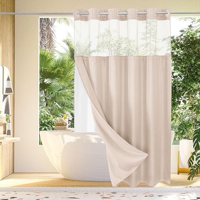 Gibelle Extra Long Shower Curtain 72x86, Waffle Weave Bathroom Shower Curtain with Snap-in Fabric Liner Set, No Hooks Needed, Hotel Style with Mesh Top Window, Blush Pink