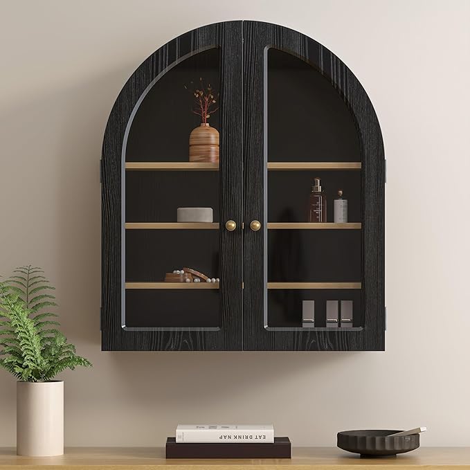 Large Arched Bathroom Wall Cabinet Modern Wooden Display Cabinet with Acrylic Doors Farmhouse Wall Mounted Cupboard Storage Organizer for Laundry Room, Dining Room, Black