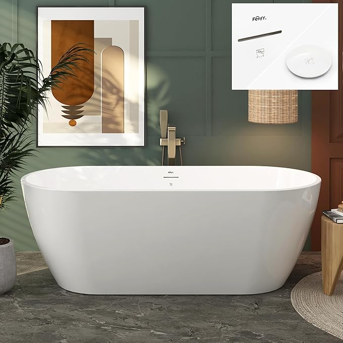 FerdY 67" Bali Elite Acrylic Freestanding Bathtub, Gracefully Shaped Freestanding Soaking Bathtub, cUPC Certified, Toe-Tap Polished White Drain & Minimalist Linear Design Overflow