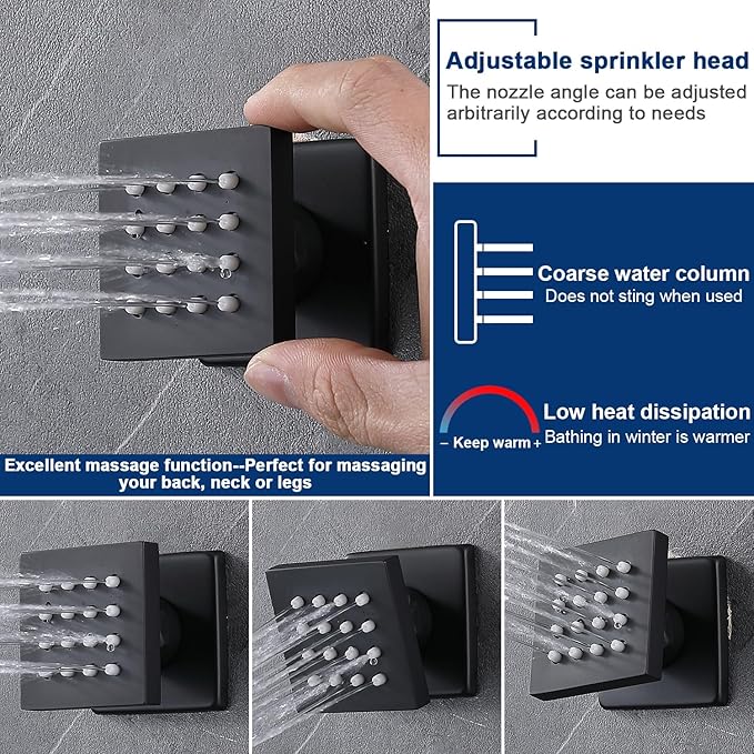 Thermostatic Shower System with 14x20 Inch Ceiling Mount LED Head & 6 Inch Wall Head and Handheld Shower 4 Function Vale with body jets Can All Run Together, Matte Black