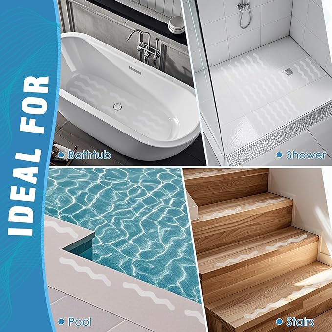 S&X 24 Pcs Anti Slip Shower Stickers, Invisible Clear High Traction Bathtub Strips, Wave Shape Safety Decals for Bath Tub Shower Wet Tiles & Stairs with Scraper