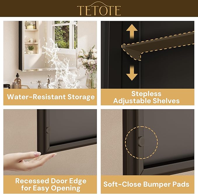 TETOTE 30 x 26 Bathroom Mirror with Storage with Tempered Beveled Mirror Black Medicine Cabinet Aluminum Cabinet DTC Hinges, Stepless Adjustable Shelves, Recessed/Surface-Mounted