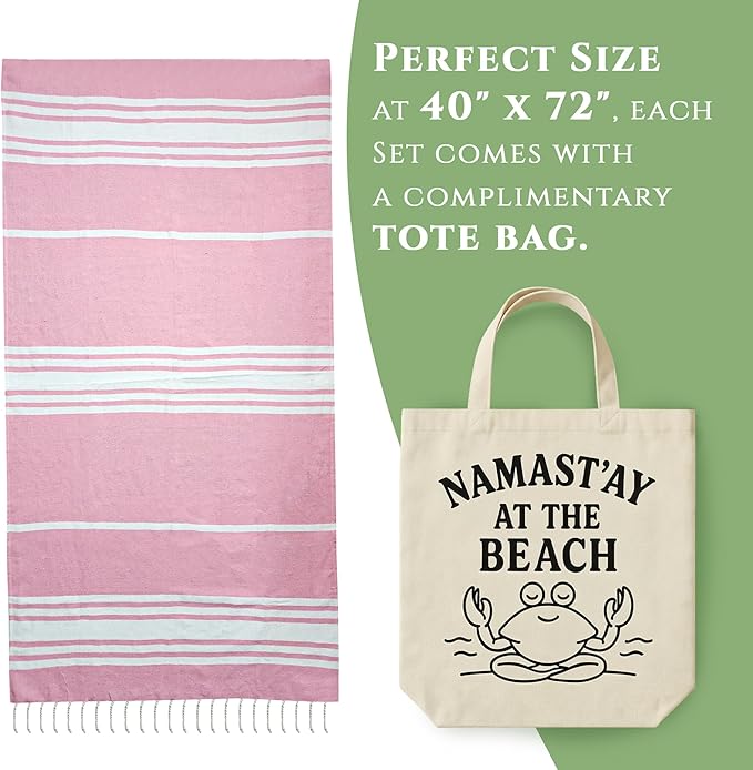 Turkish Cotton Beach Towel Pack of 6 & 1 Boho Tote Bag - Hammam Towels - No Shrink - Quick Dry - Lightweight - Sand Free - Camping - Pool - Tanning - Beach Essentials - Coral (40"x70")