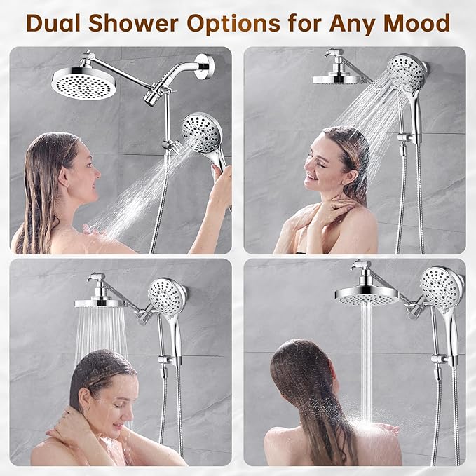 BRIGHT SHOWERS Rain Shower Head with Handheld Spray Built-in Power Wash, High Pressure Dual Shower Head with Height Adjustable Extension Arm, 3-Way Diverter, 9 Settings Handheld, 69” Long Hose, Chrome
