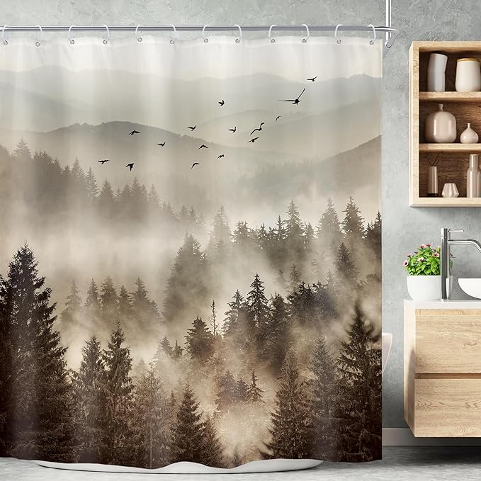 Riyidecor Foggy Mountain Shower Curtain 72Wx72H Inch Nature Abstract Scenery Pine Tree Rustic Misty Woodland Alpine Modern Landscape Natural Bathroom Decor Fabric Polyester Waterproof 12 Pack Hooks
