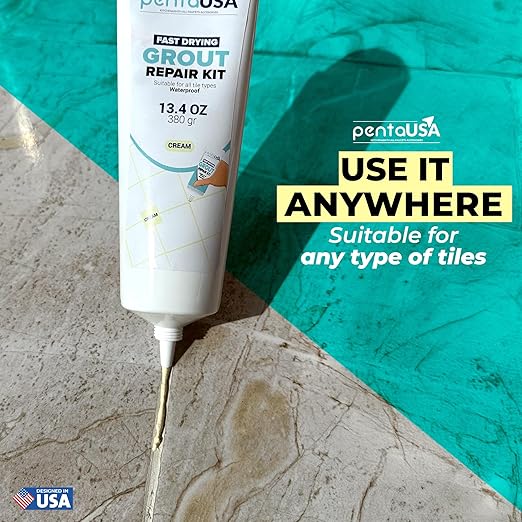 PentaUSA Tile Grout - Large Grout Filler Repairs Renews Tube, Fast Drying Grout Repair Kit, Odorless Formula - Grout Floater Included - 13.4oz / 380gr (Cream)