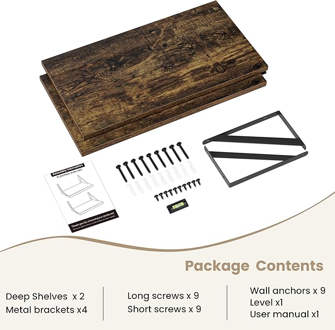 Dreamland Deep Floating Shelves for Wall, Brown Wood Wall Mounted Shelves, Large Floating Shelf 12 * 24 inchSet of 2 for Bookshelf Living Room Bedroom Home Office Bathroom