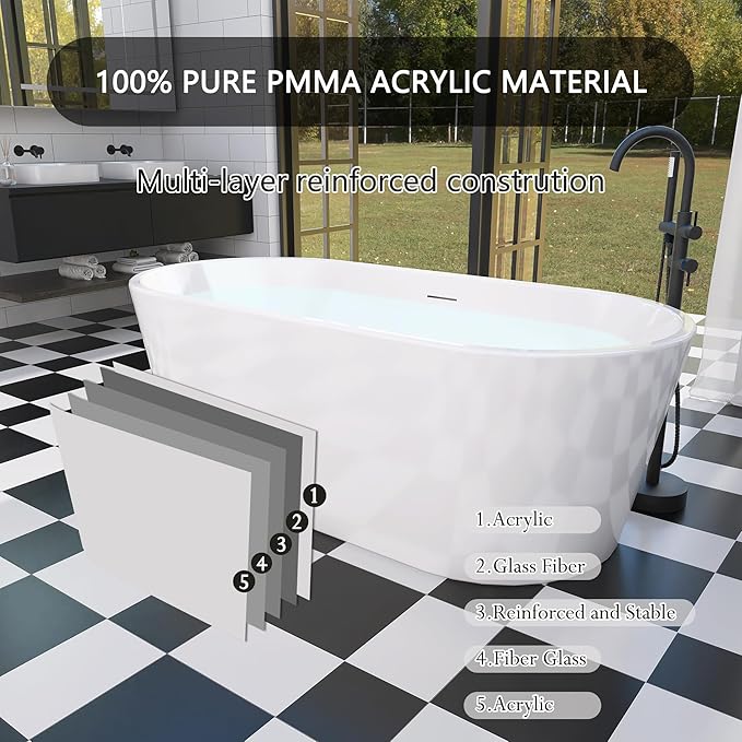59" Free Standing Tub, Pure Acrylic Freestanding Bathtub, Stylish Stand Alone Contemporary Deep Soaking Bath Tub, cUPC Certified SY1550 (Glossy White)