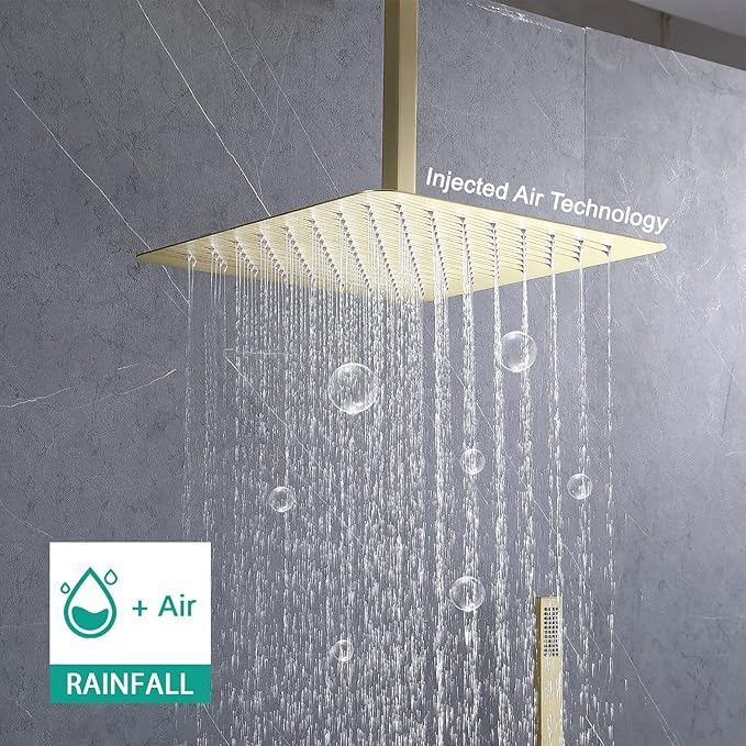 Ceiling Mount Rain Shower System, Shower Faucet Set with 16 Inch High Pressure Overhead Rain Shower Head and Handheld Sprayer, Dual Way Pressure Balance Shower Valve, Brushed Gold