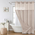 No Hook Long Shower Curtain Set with Snap-in Fabric Liner,Linen Textured Thick Striped Fabric with Tassels,Boho Farmhouse Rustic Luxury Bathroom Curtain,Water-Repellent,Tan/Taupe,71x80