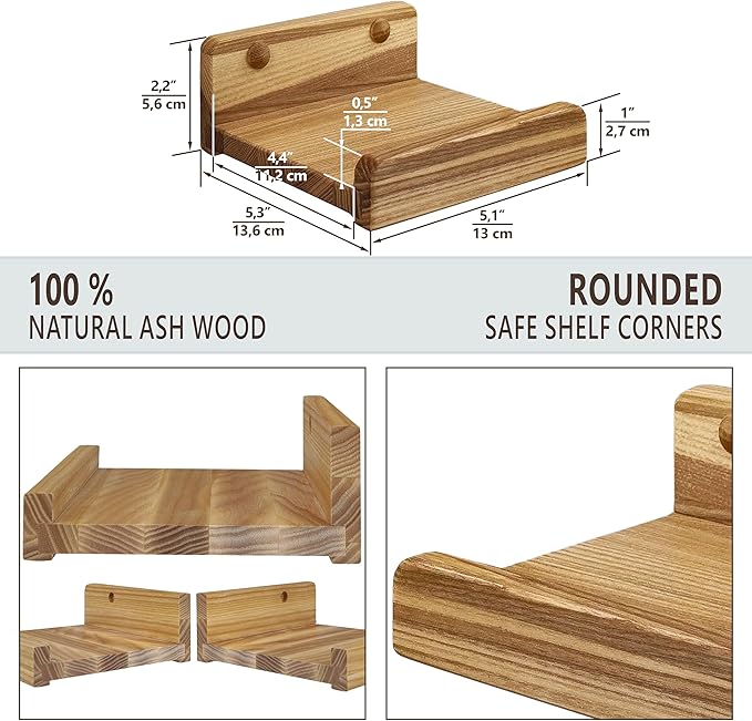 Handcrafted, Floating Shelves for Wall 5 inch, Waterproof, Wall Storage Shelves with Lip, Display Picture Ledge Shelf for Living Room Photo Frame, Natural Wood Hanging Book Shelves (Natural, Set 4)
