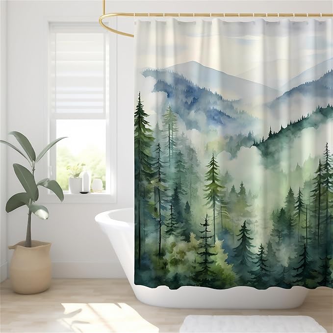 Coveted Goods Mountain Forest Shower Curtain 72” x 72”, Waterproof Polyester, Misty Pine Tree Landscape, Includes Grommets and Hooks, Machine Washable Nature-Inspired Bathroom Decor