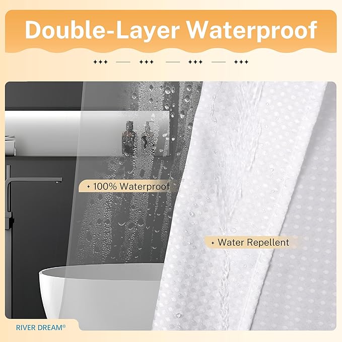 River Dream Waffle 3 in 1 Shower Curtain Set, White Fabric Shower Curtain and Clear Liner Set with Double Sided Hooks, Waterproof, 72" W*72" H