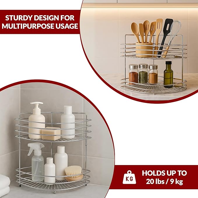 2-Tier Floor Standing Corner Shower Caddy - Sturdy Stainless Steel Bathroom Organizer Includes 2 Screws and Anchors - Freestanding or Wall-Mounted Shower Caddy - Silver