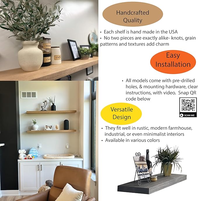 joelsantiques 42 Inch Wooden Floating Shelves for Wall - 42x10x2 in - Made of Natural Wood - Long Heavy Duty Rustic Wall Shelves for Bedroom - Perfect for Living Room, Kitchen - Beige