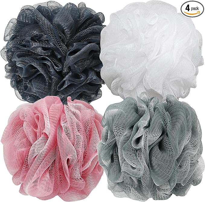 Bath Shower Loofah Sponge 60g Bath Mesh Pouf Shower Ball Body Scrubber Exfoliating Bath Sponge for Women and Men, Set of 4, Grey