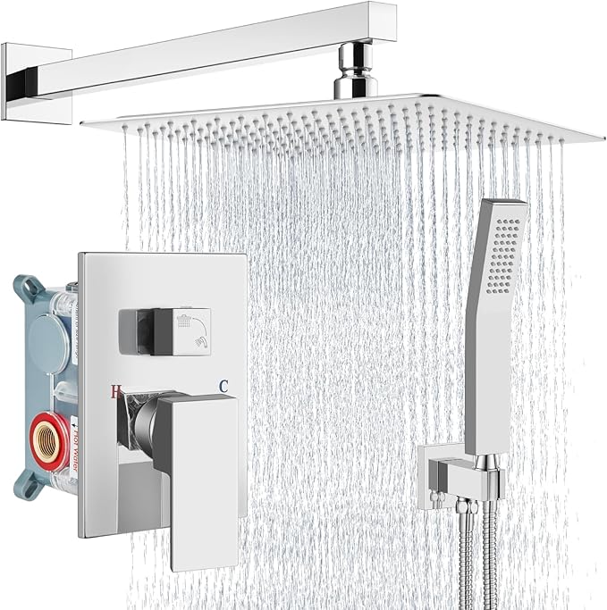 Aolemi Shower Faucet Set Rain Shower System with Handheld Spray Bathroom Shower Combo Rough-in Valve and Shower Trim Kit Included Polish Chrome 16 Inch Wall Mount Shower Head