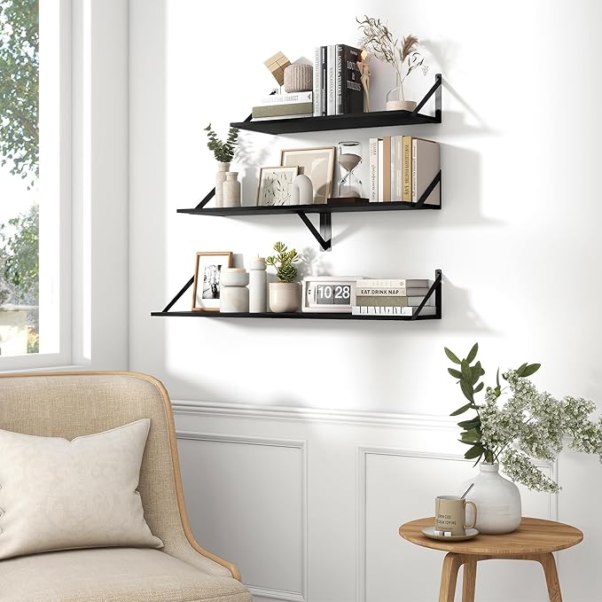 Fun Memories Deep Floating Shelves for Wall, 55W x 8D Wall Mounted Shelves Set of 2, Wide Display Ledge Shelf with Sturdy Metal Brackets for Living Room, Bathroom, Bedroom and Kitchen, Black
