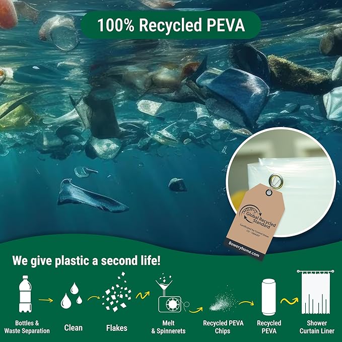 Bowery Home NOT Made in China Eco-Friendly Recycled PEVA Shower Curtain Liner – Waterproof, Sustainable, Non-Toxic Shower Curtain Liner, with Rust-Proof Grommets, 72x72IN, 4G – Clear