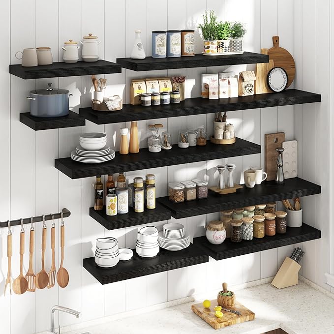 30 Inch Floating Shelves for Wall Set of 2, 12"D Wood Grain Bathroom Shelves with Invisible Brackets, Easy Install Engineered Wood Storage Shelves for Kitchen, Living Room, Bedroom, Black Finish