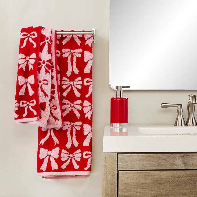 SKL Home Bow Jacquard 100% Cotton Premium Bath Towel, 500 GSM, Reversible, Soft & Absorbent, Decorative/Everyday Christmas/Winter/Valentine's Day, Red/Pink